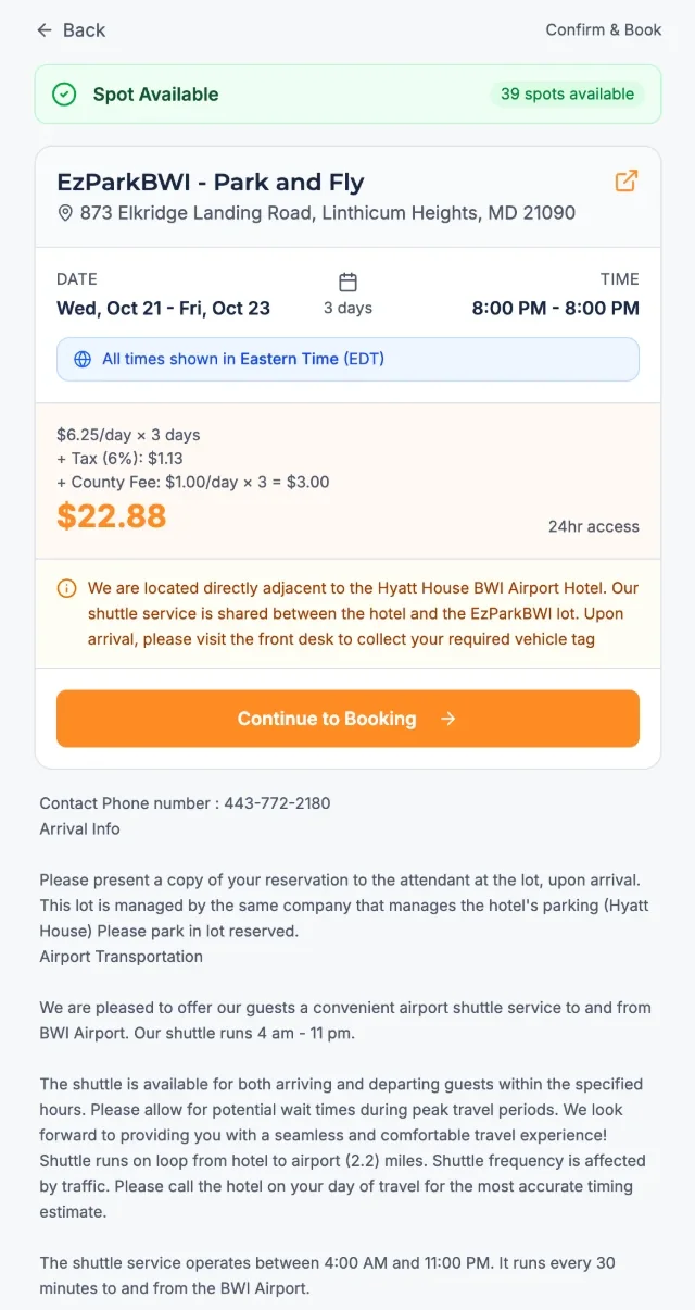 ezparkbwi availability screen with spots left, eastern time notice, and price breakdown