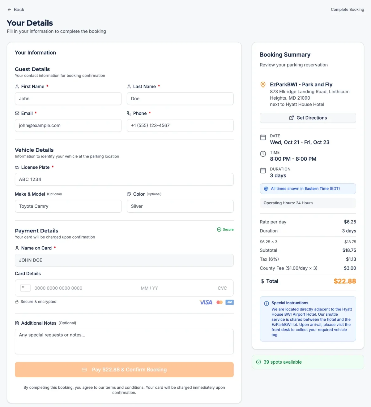 ezparkbwi checkout with guest, vehicle, and payment details next to the booking summary